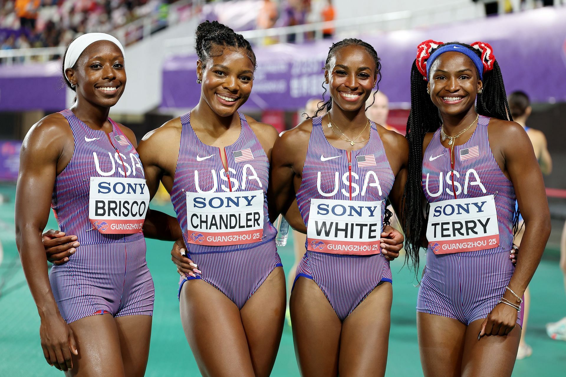 Mikiah Brisco, Caisja Chandler, Kayla White, and Twanisha Terry of Team United States during World Athletics Relays Guangzhou 25, Source: Getty